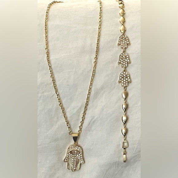 14k Gold Hamsa Third Eye Necklace Bracelet Jewelry Set Hand of Fatima Gift Sets - Picture 6 of 9